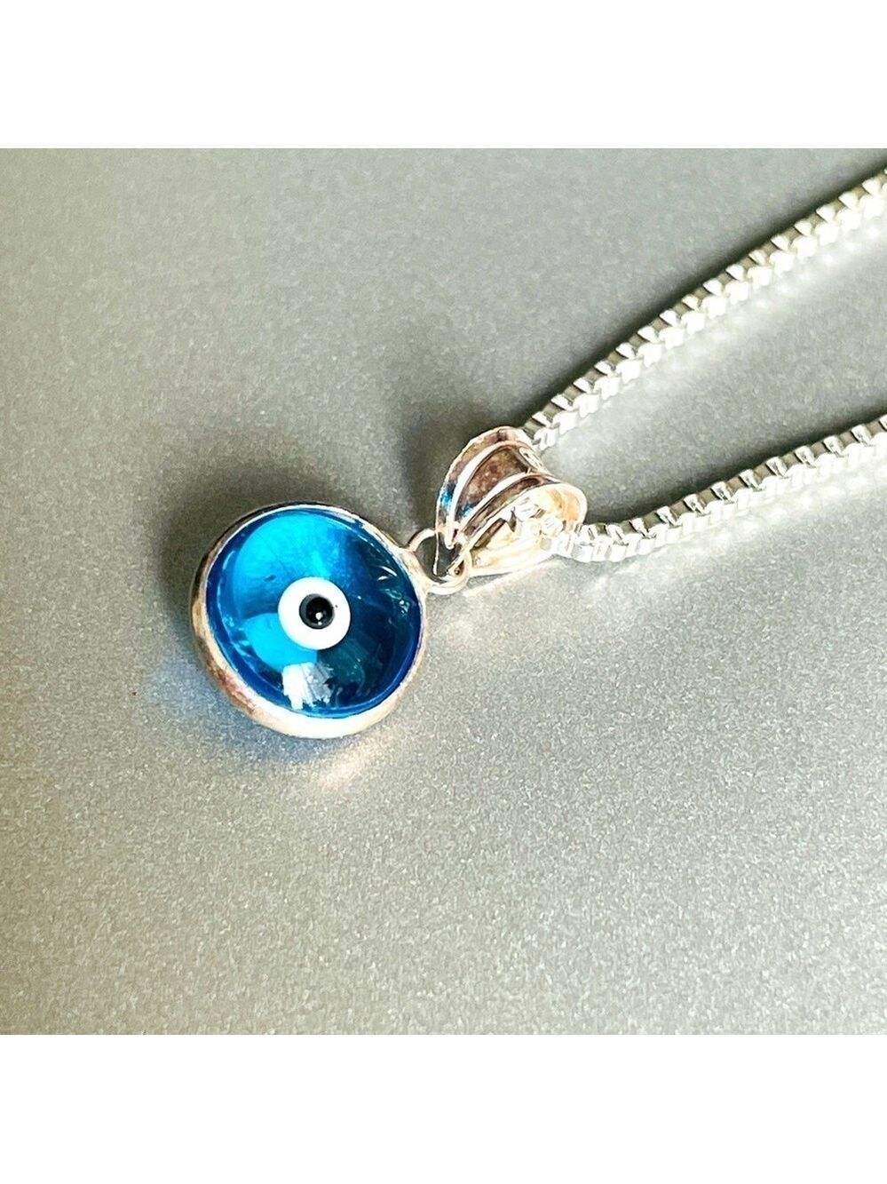 🧿 Turquoise Light Blue Evil Eye Charm Pendant Sterling Silver Necklace 🧿